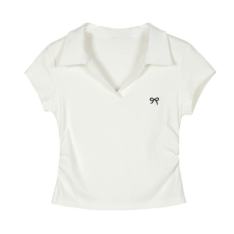 Large size pure cotton design sense polo collar shoulder short-sleeved t-shirt women's summer slightly fat mm sweet and spicy thin short top