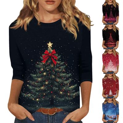 Women's Fashion Casual Christmas Printed Round Neck Long Sleeve Pullover Top