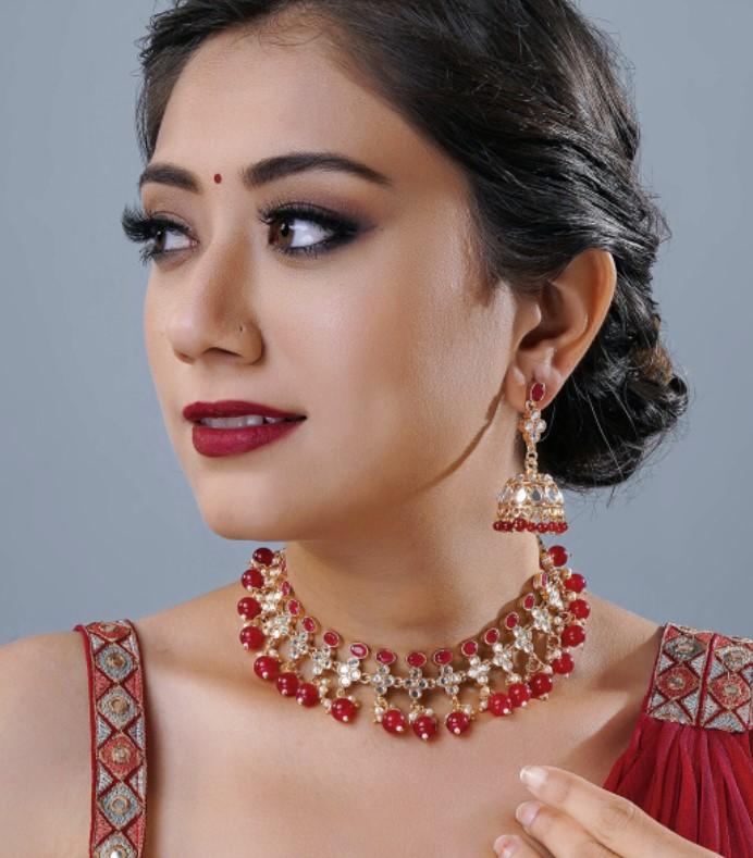 Buy White & Red GoldPlated StoneStudded & Pearl Beaded Temple