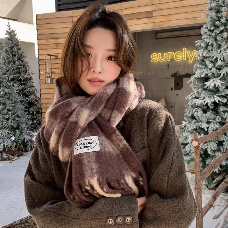 Coffee temperament wool blended knitted scarf women's winter versatile thickened warm scarf