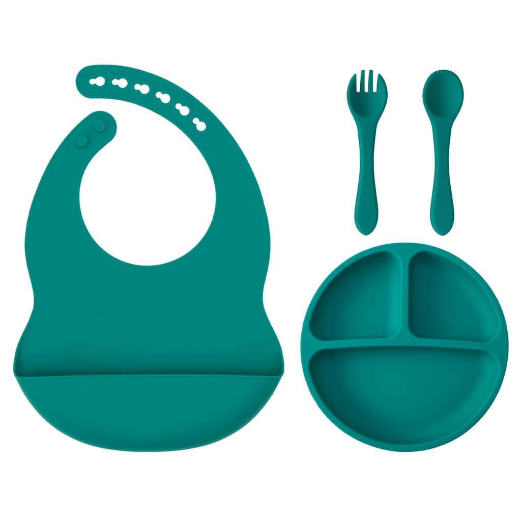 Color Kids 4PCS Baby Silicone Feeding Set Suction Plate BPA Free Waterproof Bib Portable Spoon Fork Toddler Training Tableware