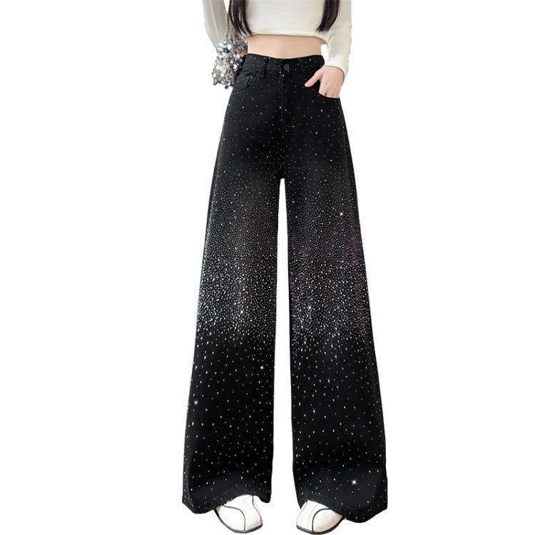 Women Korean Style Wide Leg Pants with All Star Rhinestones Fashionable and Versatile Floor Length Trousers