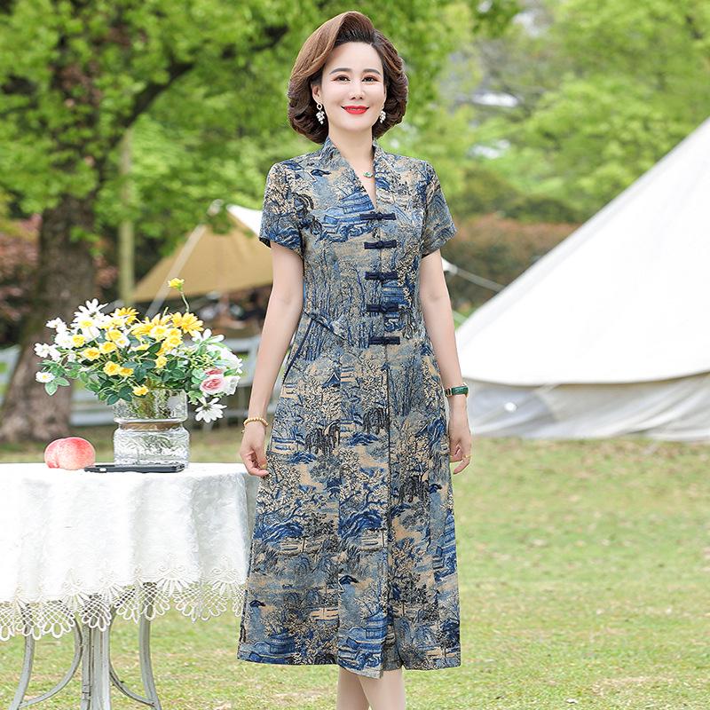 Elegant Vintage Chinese Style Silk Dress for Mature Women