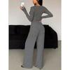 Women Solid Color Two Piece Set Long Sleeve Buttoned Fitted Top Long Pants