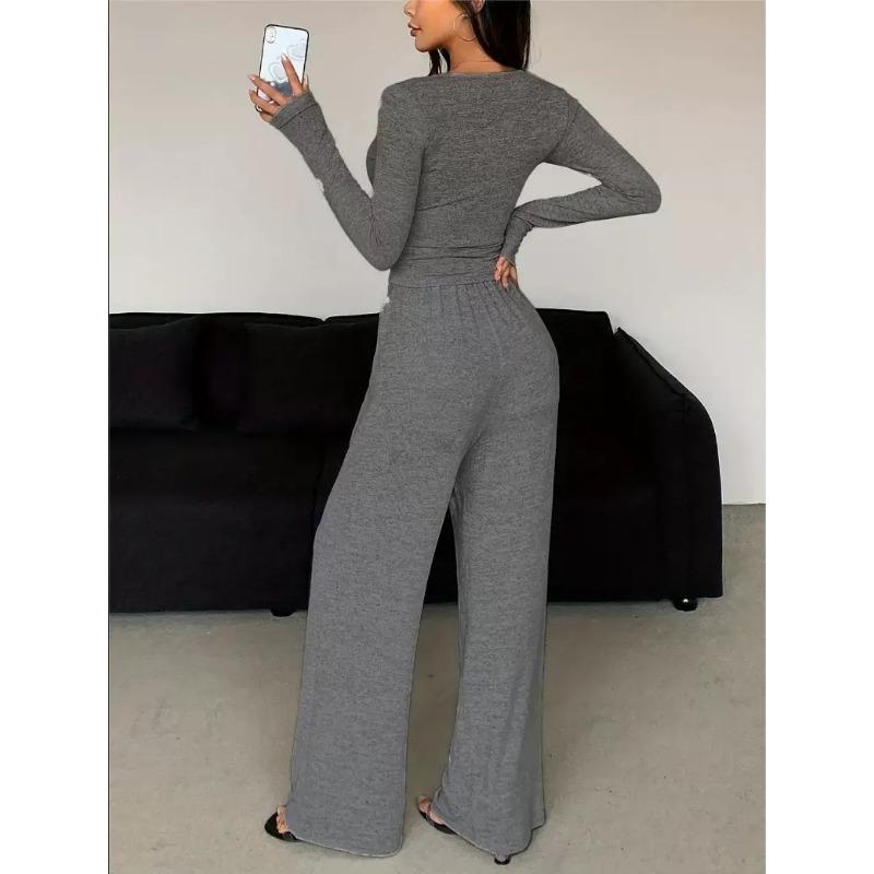 Women Solid Color Two Piece Set Long Sleeve Buttoned Fitted Top Long Pants