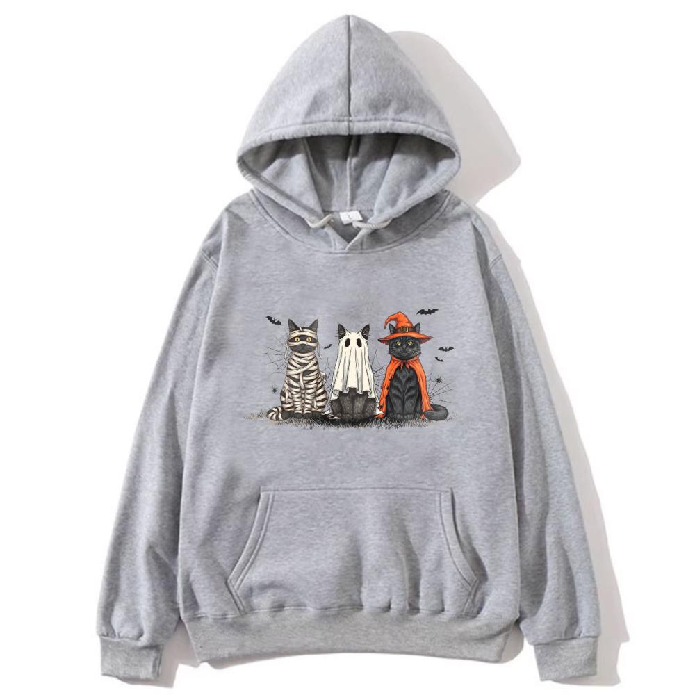 Halloween Costume Cat Women Hoodie Unisex Trendy Outerwear Mummy Ghost Witch Feline Bat Web Accents Casual Fashion Autumn Pullovers