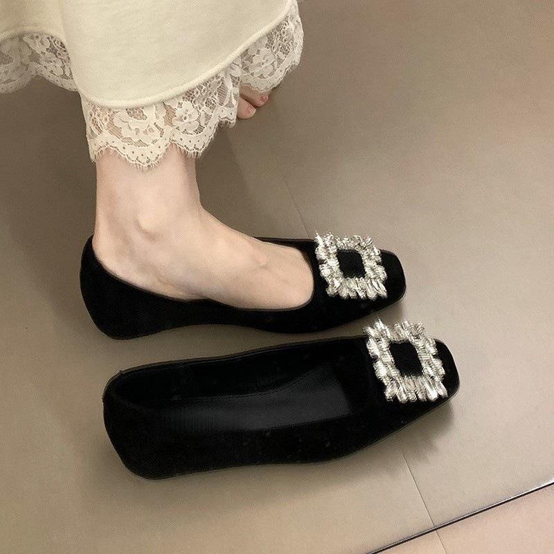 Rhinestone temperament inner height increase single shoes women's season square head high-end commuting shoes versatile