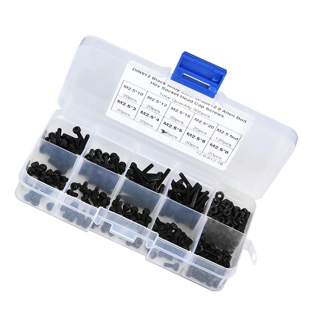 300pcs M2.5 X 3 20mm 12.9 Grade Black Alloy Steel Hex Socket Head Cap Screw Bolt with Nut