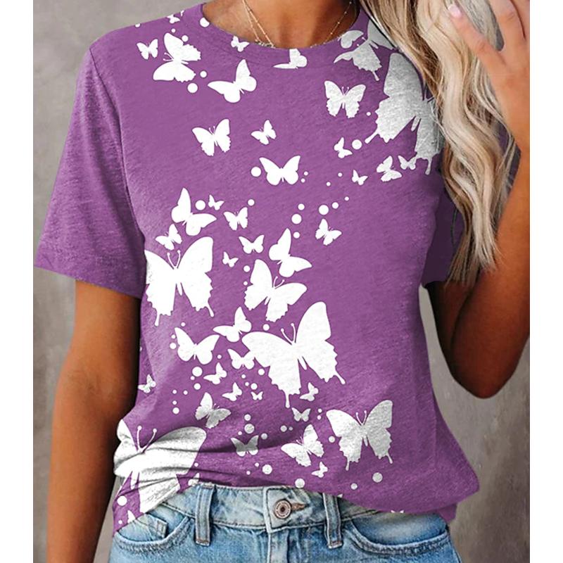 

Женская летняя футболка тренд принт бабочки ретро мода футболки с коротким рукавом повседневные принтованные топы 8XL розовый