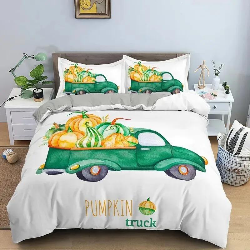 Autumn Pumpkin Truck Bedding Set Boys Girls Twin Queen Size Happy Fall Thanksgiving Duvet Cover Pillowcase Bed Boys Adult