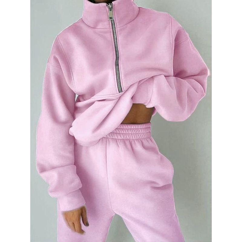 Fall and Winter New Arrival Fashion Stand Collar Zipper Fleece Loose Long Sleeve Sweatershirt Jogger Pants Pants Casual Sports Two-Piece Suit