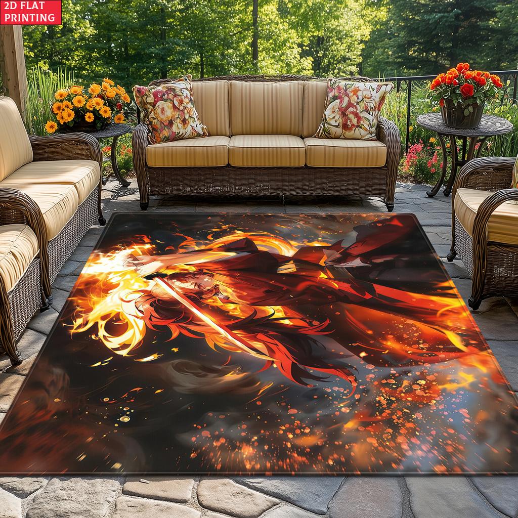 Anime Swordsman Area Rug,Fire Flame Theme Non-slip Floor Mat,Decorative Carpet for Gaming Room Bedroom, Washable Home Decor Gift