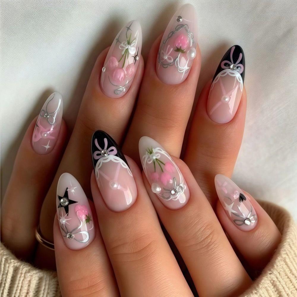 30 Tablets/Box Almond-shaped Press-on Nails Bow Design Artificial Nail Tips Women and Girls
