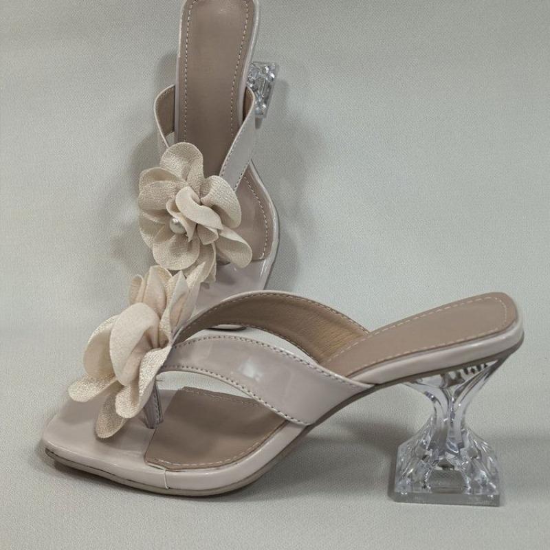 Fashion Women's Flower Clip Toe Square Open-heeled Sandals Summer New Anti-slip Wear-resistant High-heeled Flip-flops
