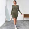 Women's Long Sleeve Round Neck Green Hip Wrap Dress Temperament Fashion Sexy Party Dress Plus Size Slim High Waist Dress Pull Rope Side Fold Design