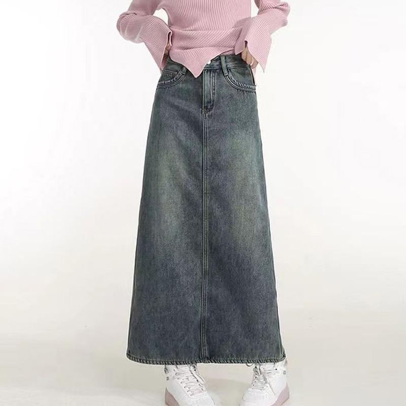 Fusta de blugi îngroșată din lână Vintage plus, iarnă, cu talie înaltă pentru slăbire, cu fantă peste genunchi, fustă într-un singur pas Fusta în formă de A