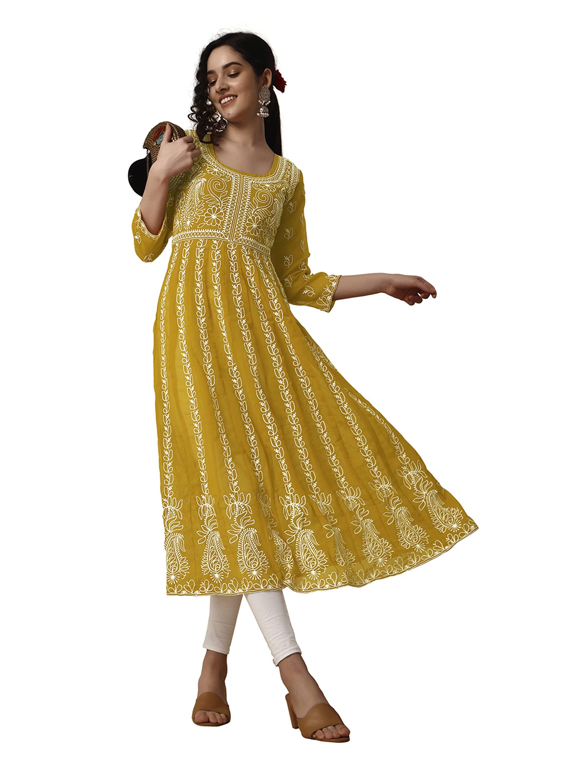 

EthnicJunction Women s Green Lucknowi Chikankari Embroidered Thread Work Georgette Anarkali Kurta (B19-Apsara-Bottle Green_2XL_Bottle Green) S гірчичний