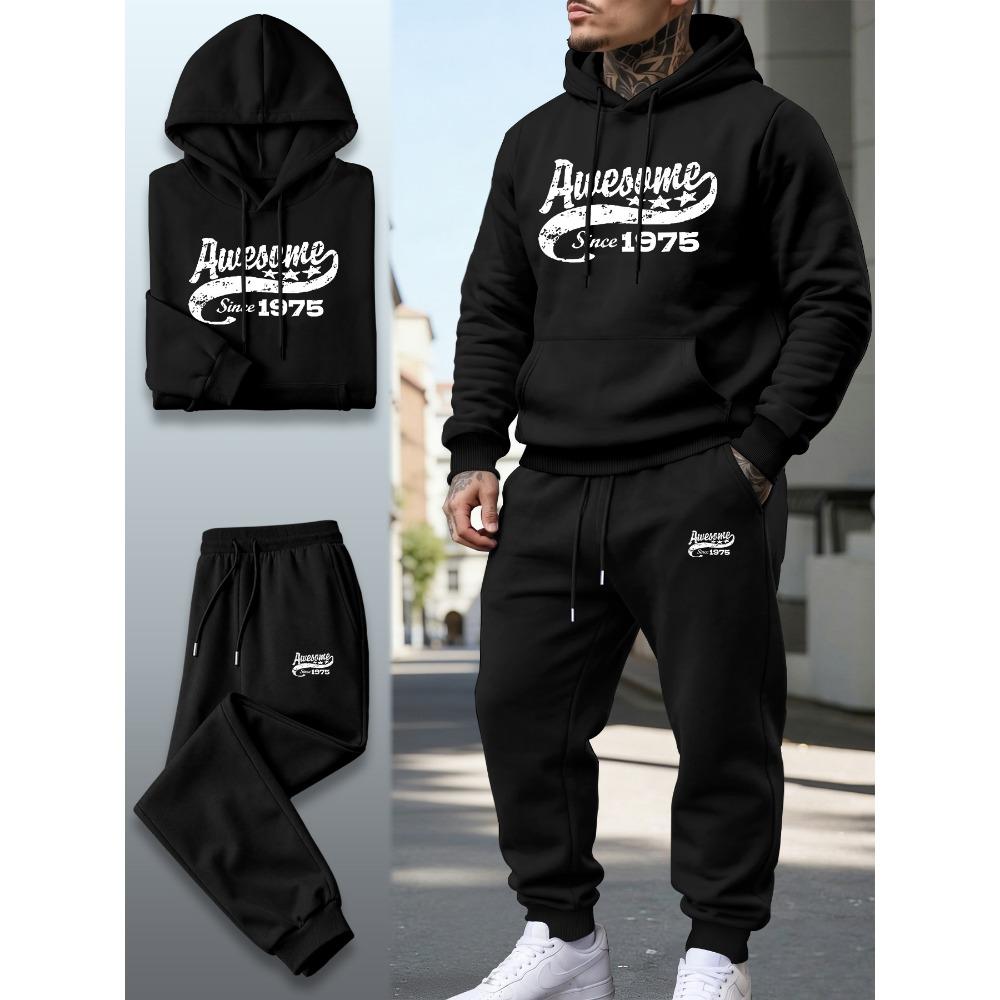 Retro Letter Printed Hooded Sweatshirt Set with Drawstring Sweatpants Two Piece Set for Men's Street Casual Sports Suit Trendy