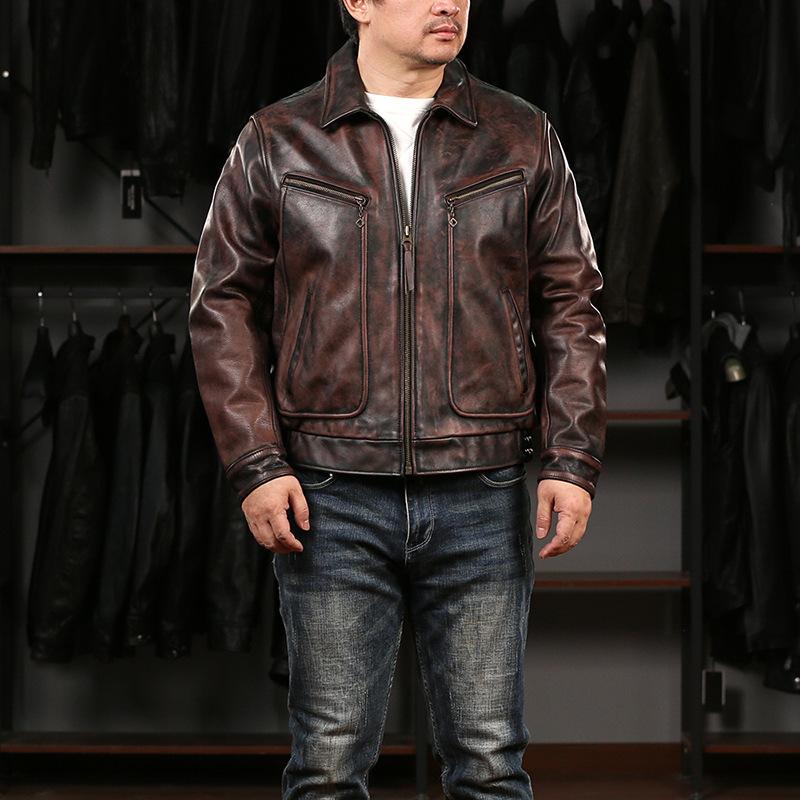 Hand polished retro old empty pilot leather jacket men, lapel flight suit cowhide leather jacket