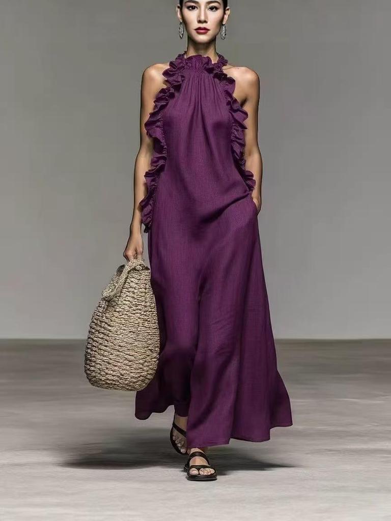 2026 Summer Halter Neck Ruffle Sleeveless Slimming Dress with Pockets