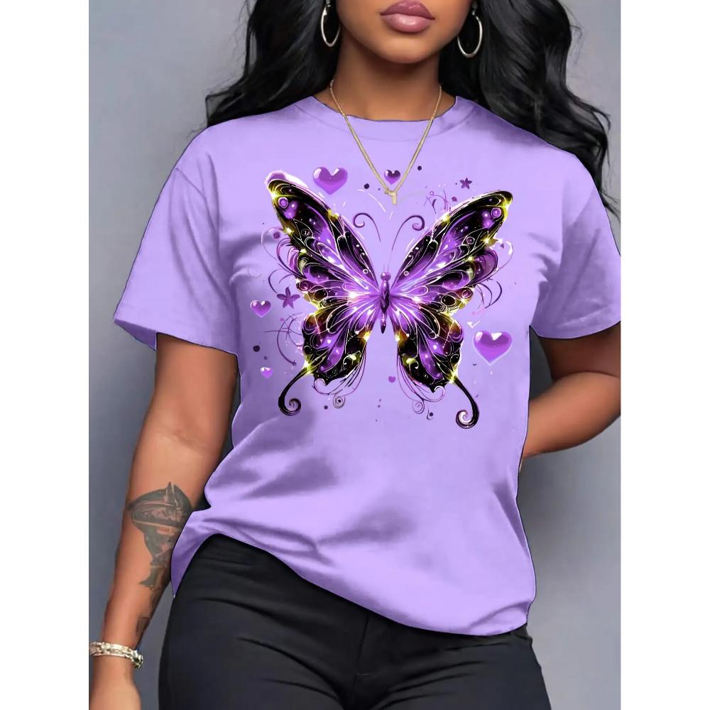 Sparkly Purple Butterfly Women s Tee - Glittery Graphic, Trendy Casual Top M