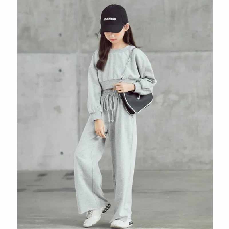 

Весна-Осень, однотонные комплекты для девочек, детский повседневный костюм из 2 предметов с длинными рукавами и короткими свитерами и брюками 150cm серый