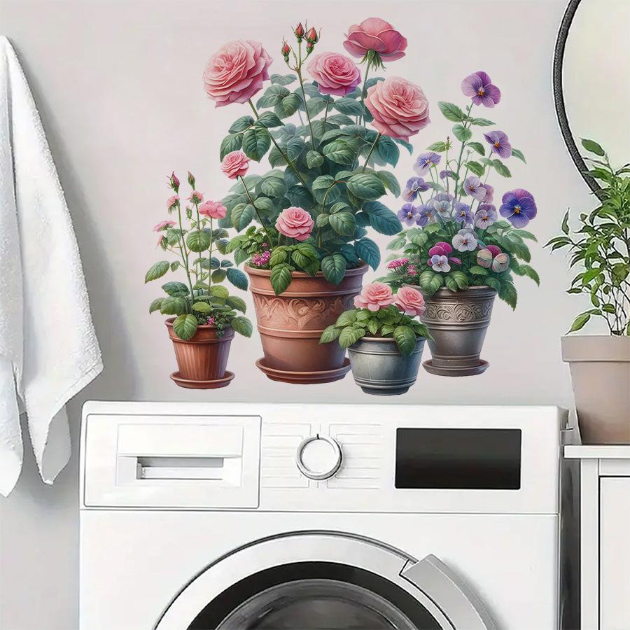 Fresh Realistic Potted Rose and Morning Glory Wall Stickers, Self-Adhesive Decor for Bedroom Balcony Laundry Room Decoration