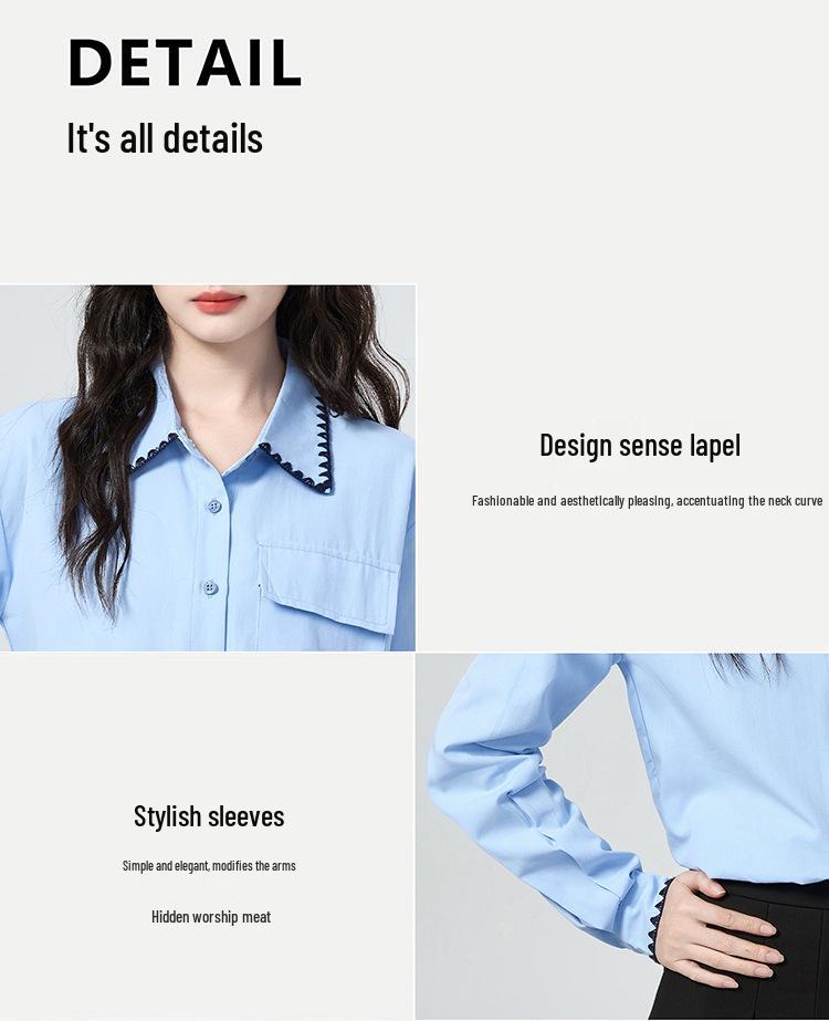 Elegant Blue Polo Collar Slimming Women's Long-Sleeve Shirt - 2026 Early Spring Arrival