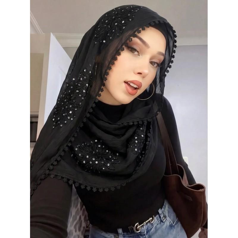 Lightweight Chiffon Scarf With Floral Embroidery Edge - Versatile Wrap Shawl Women Fall Winter