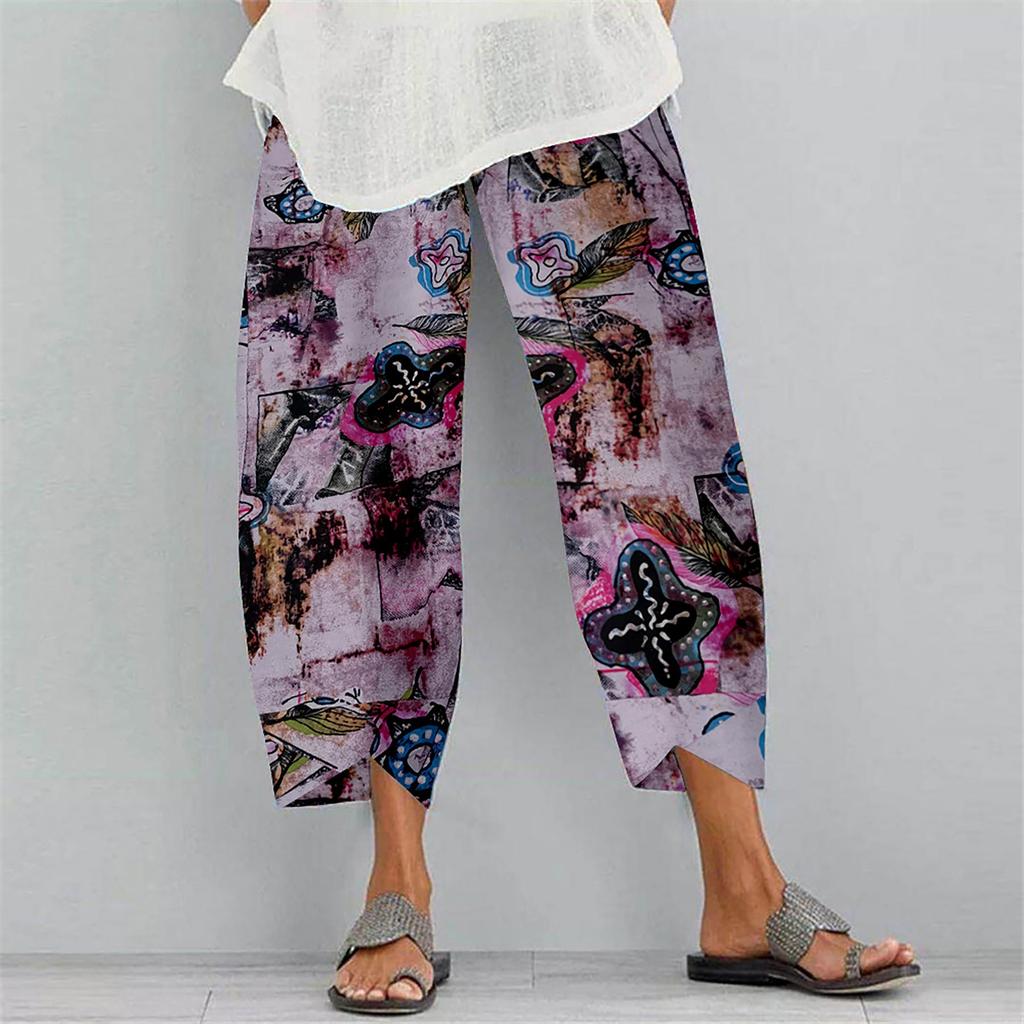 Jogginghose für Damen, Boho-Print, Baumwoll-Leinen-Hose, Tasche, Freizeithose