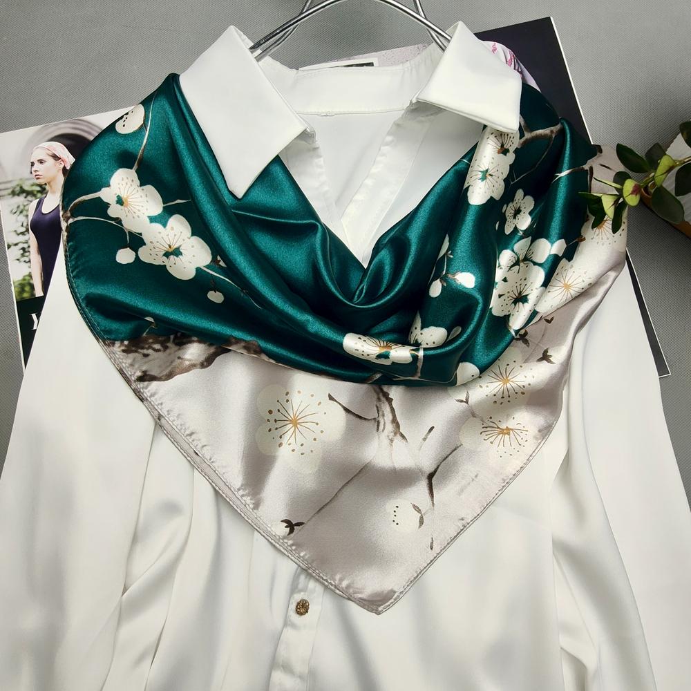 Grey Green Silk Scarf Headscarf For Women Spring Fall Elegant Cherry Blossom Big Square Scarves Wraps 90*90cm Neck Scarf Shawl