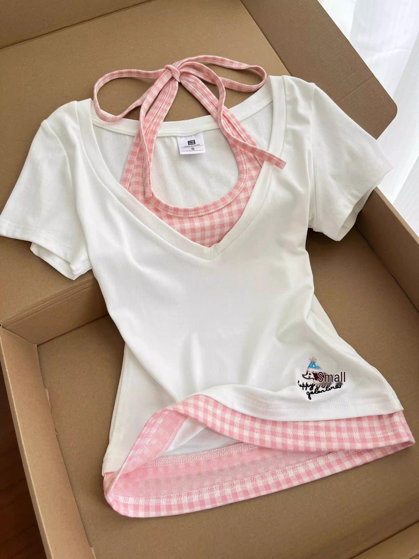 

Chic Slim-Fit Halter Neck Two-Piece Embroidered Summer T-Shirt XL Suggested 115-130 jin