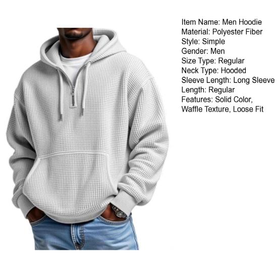 Men Quarter Zip Hoodie Waffle Hooded Sweatshirt Loose Fit Casual Pullover with Drawstring Pocket for School Gym Streetwear