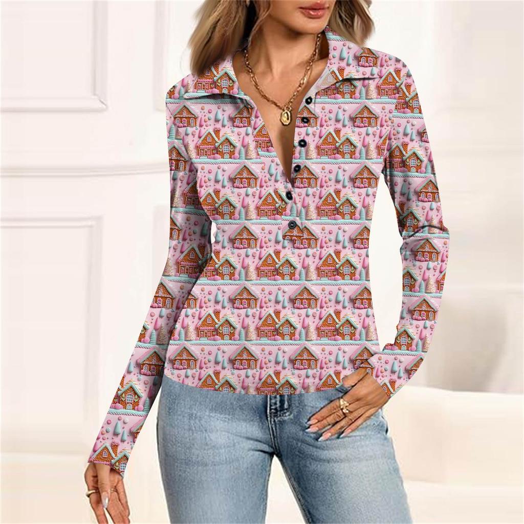 Damska Moda Casual Drukowana Bluzka z Dekoltem w Serek, Długim Rękawem, Zapinana na Guziki