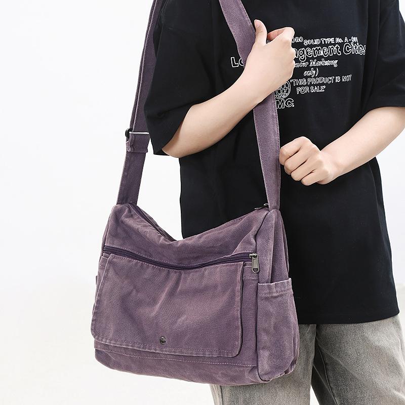 Crossbody Bag Canvas Bag Female College Student High School Student Simple Large Capacity Wind Solid Color Shoulder Bag Trendy Man