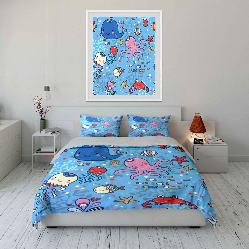 Cute Ocean Animals Pattern Bedding Duvet Cover Set (1*Duvet Cover 2*Pillowcases, without duvet insert)