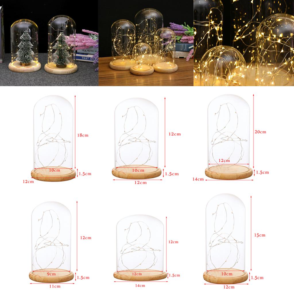 LED Light Dome Cloche Glass Display Dome with Wooden Base Fairy LED Lights for Cool Room Decoration Vase Container