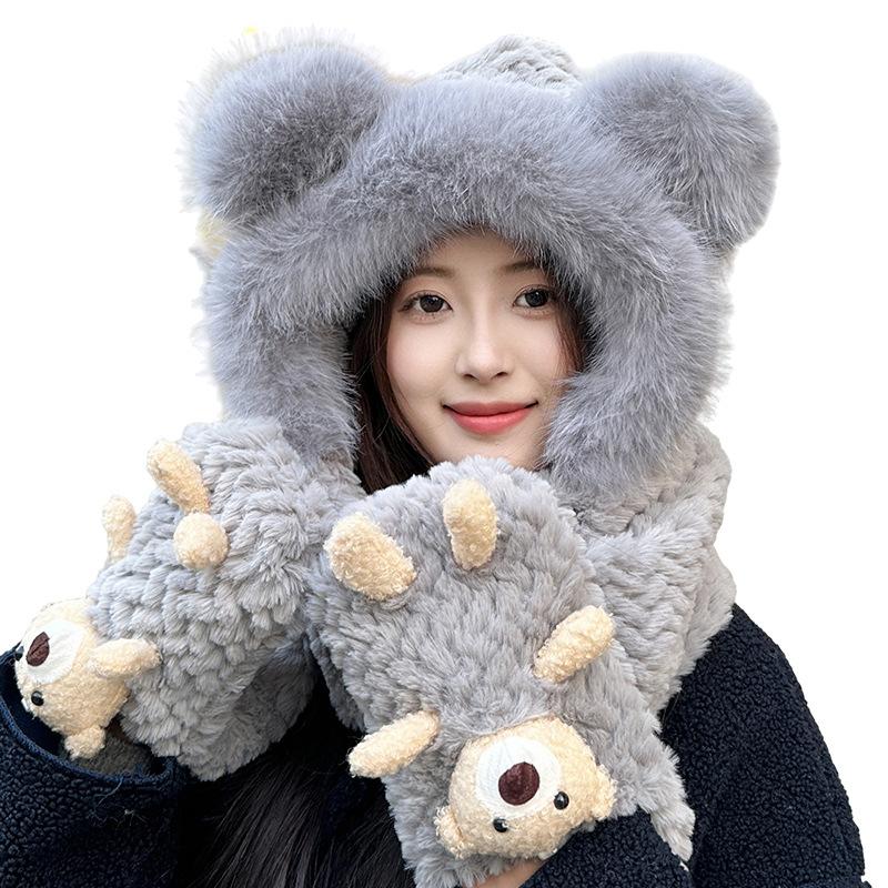 Hat thickened warm three-in-one women's winter new scarf gloves integrated fluffy cute bear three-piece set