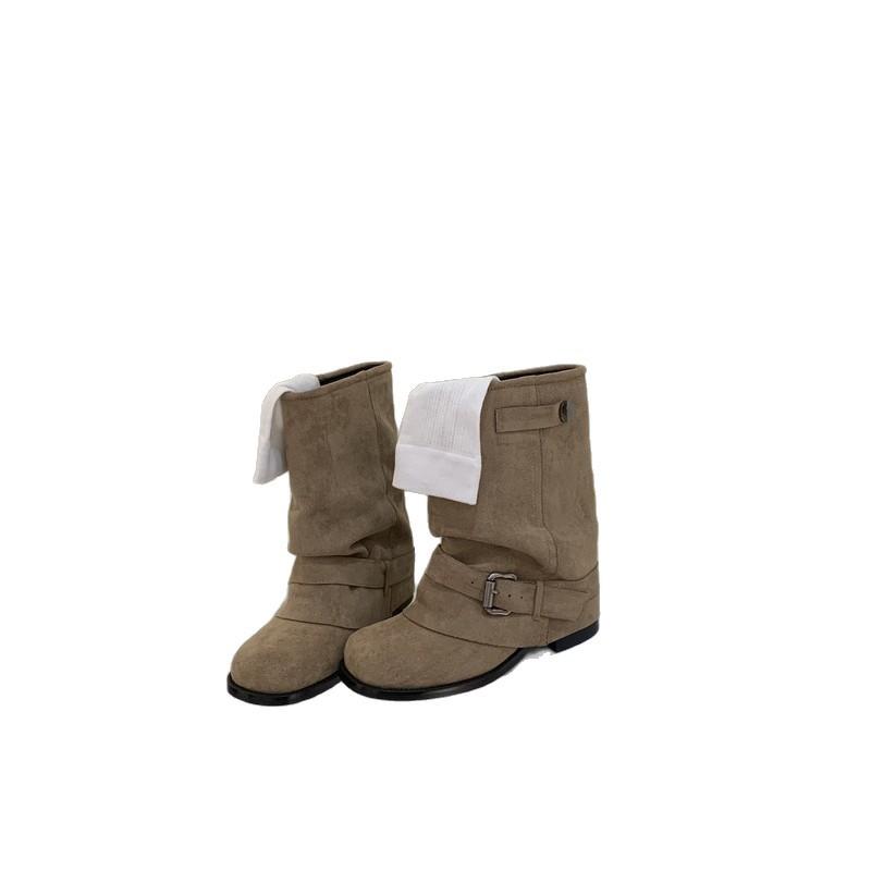 Retro style square head pleated polished thick heel piled boots women's new belt buckle sleeve cigarette boots in autumn and winter 2025