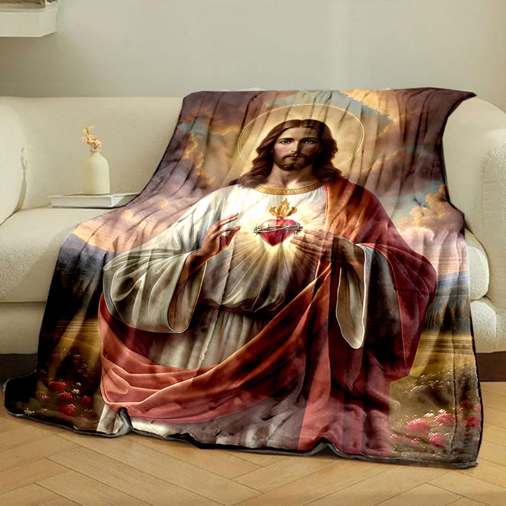 Sacred Heart Jesus Blanket  Printed Blanket for Living Room Bed Couch Lunch Break Soft Cozy Blanket for Friend's Festival Gift