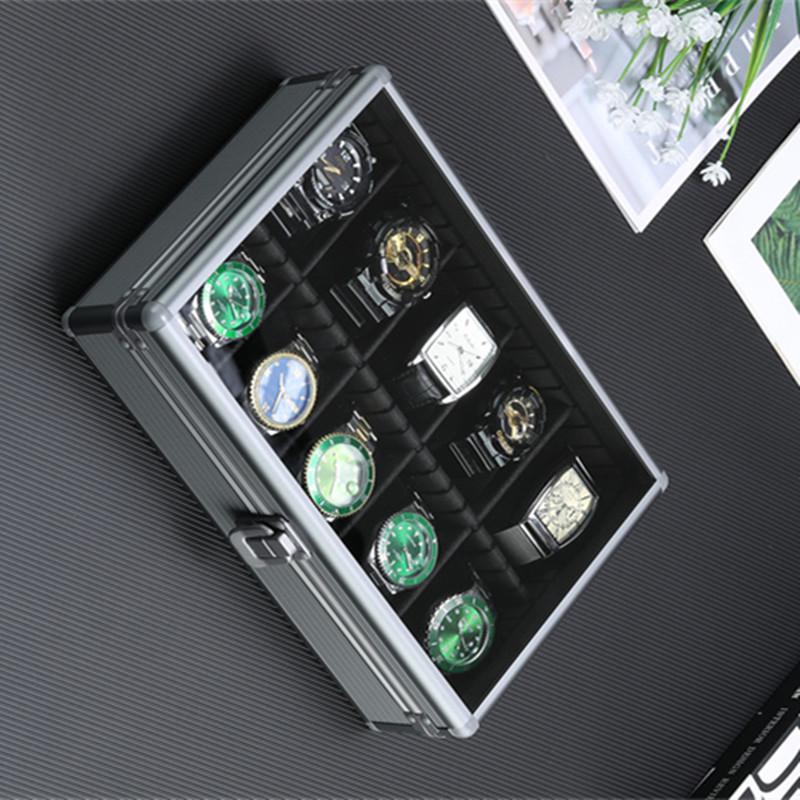Boîte d'exposition multifonctionnelle pour montres et bijoux en alliage d'aluminium gris fumé avec couvercle transparent
