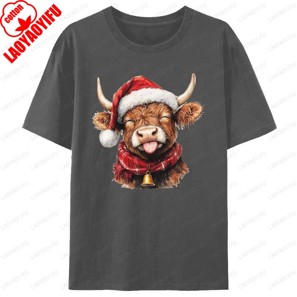 Funny Highland Cow Christmas Shirts Farm Cow with Santa Hat T-Shirt Xmas Bell Country Woman Men Christmas T Shirts Print Tops