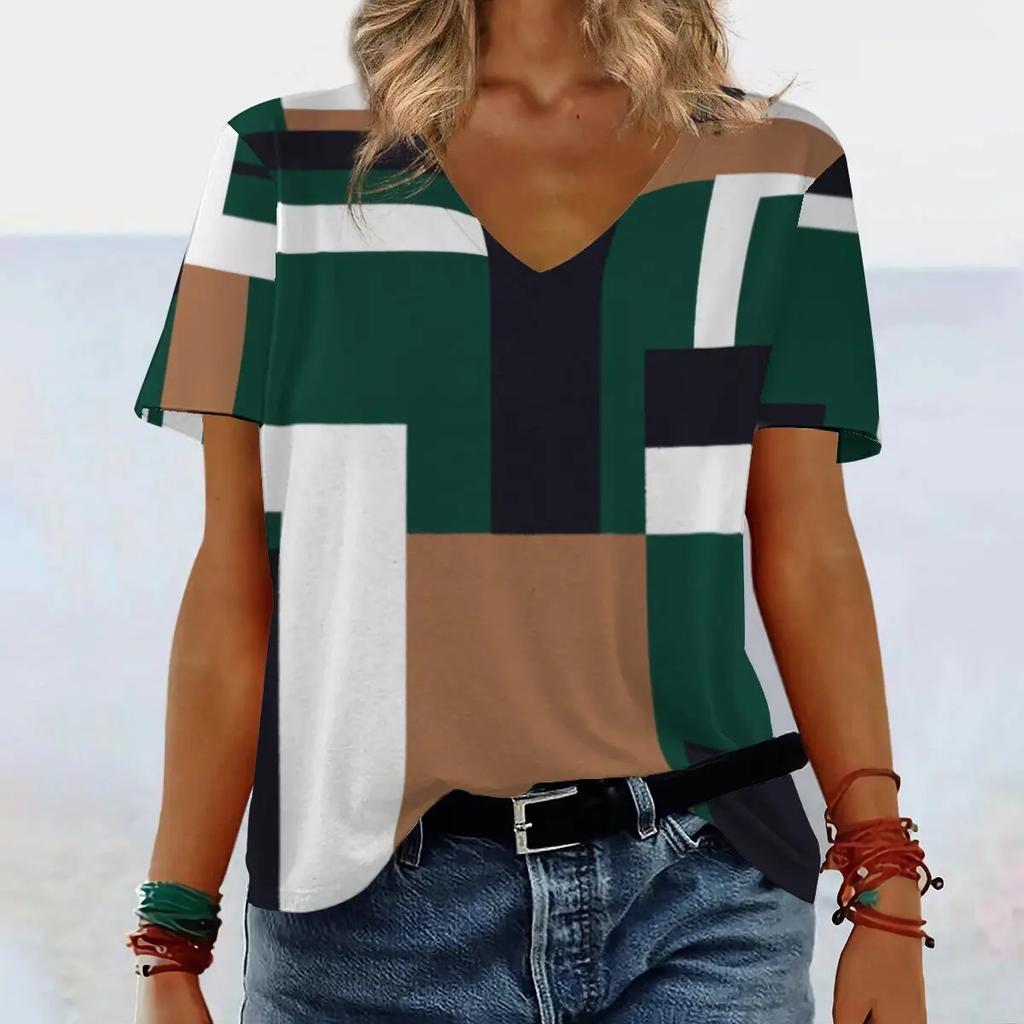 Women's Short Sleeved Fashionable T-shirt with Geometric 3D Printing, Women's V-neck Short Sleeved T-shirt