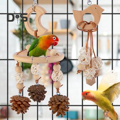 Colorful Hanging Parrot Bird Toy Training Biting Chewing Accessory Handmade Natural Wood Bird Swing Hanging Wind Chime for Parrot