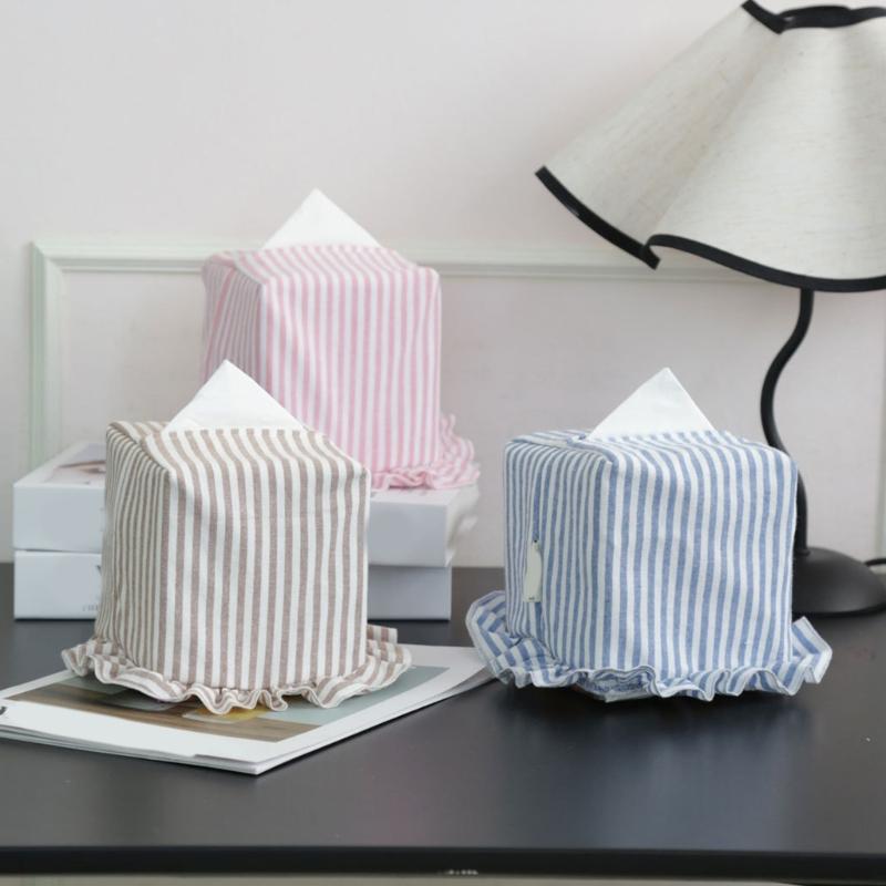 Cotton Fabric Tissue Box Cover, Lined Tissue Holder with Gathered Edge, for Bedroom Shelves in Daily Use