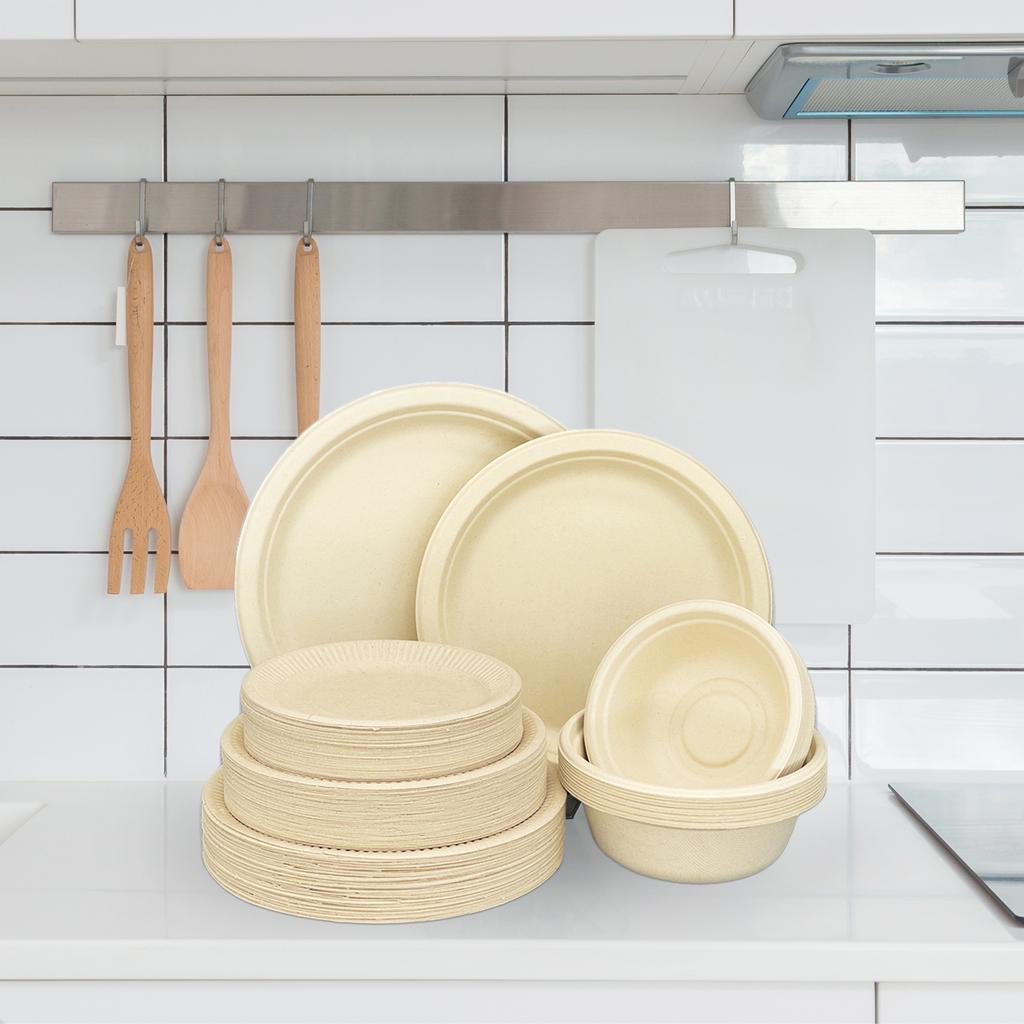 50PCS Disposable 500mL Bowls Disposable Compostable Paper Tableware Set Ecological Degradable Dinnerware for Birthday Barbecues Camping Picnics Party