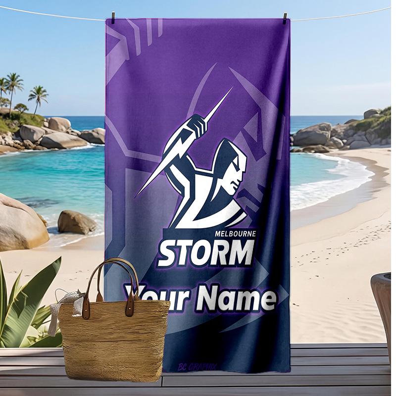 Melbourne Storm Custom Beach Towel, Print Your Name Text Lightweight Absorbent Towel for Swimming Travel