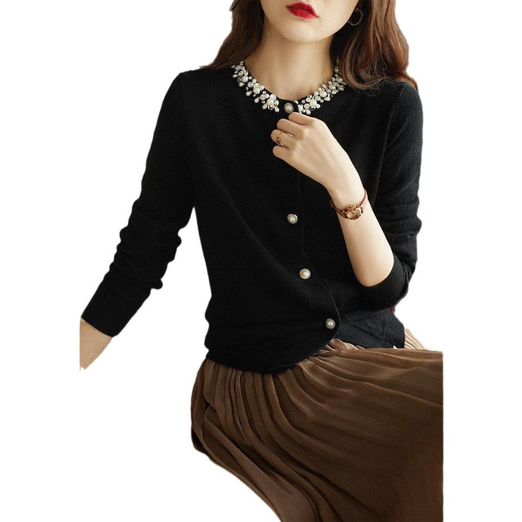 Women's Black Hand-Beaded Patchwork Long Sleeve Sweater Coat - Spring/Autumn 2026 Elegant Knitwear