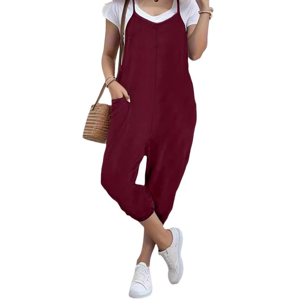 Women's Solid Color Pocket Suspenders Loose Casual Overalls