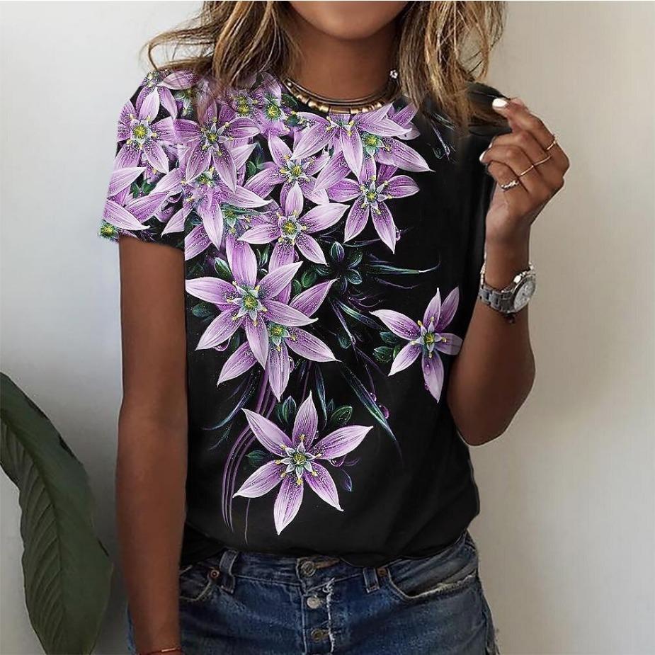 QUNHUI T Shirt For Women's Clothes Fashion Tops For Woman 3D Flower Print Female Short Sleeve Summer Women's T-shirt Plus Size Tees